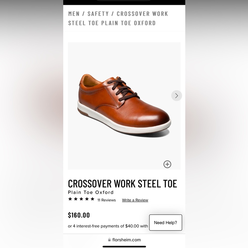 Florsheim CROSSOVER WORK STEEL TOE 
Plain Toe Oxford cognac Size 9.5